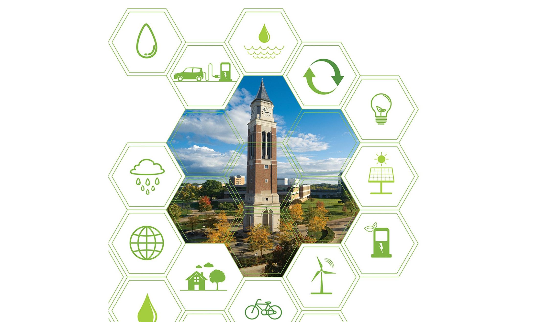 Different clipart photos in hexagons surrounding a picture of Elliott Tower